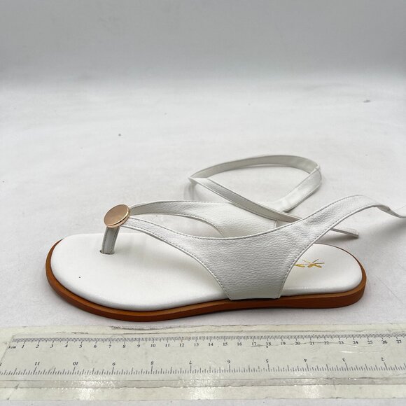 XYD White Open Toe Metal Gold Hardware Flip Flops Ankle Wrap Lace-up Flat Sandal - Picture 2 of 8